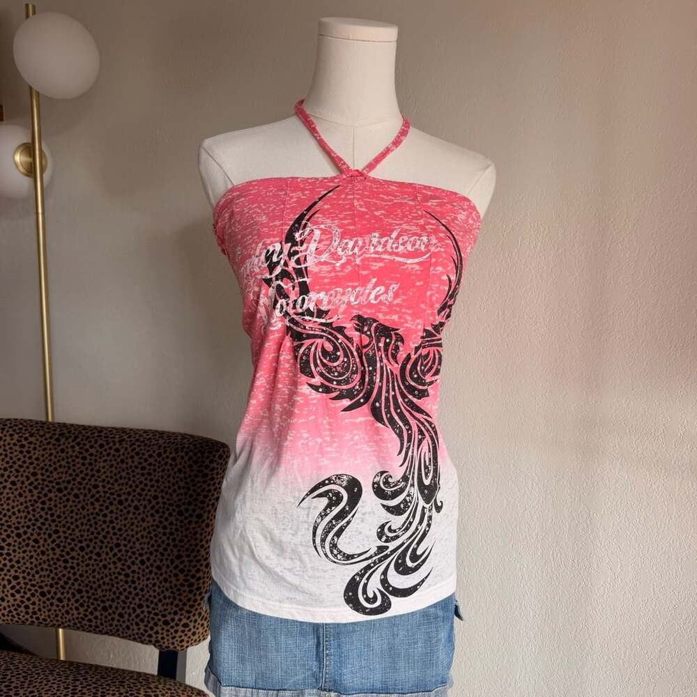 Harley Davidson Halter Top Size L Pink White Rhinestone Phoenix